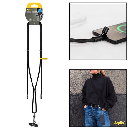 Artikelbild für Aqiila® LANYARD Handykette Ladekabel schwarz, Kabellänge: 0,3 - 1,5 m, 60 Watt, Artikelnummer 739486