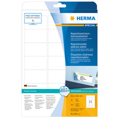 Artikelbild 6 für HERMA Adressetiketten 5074 weiß 63,5 x 38,1 mm, 25 Blatt, Artikelnummer 191049