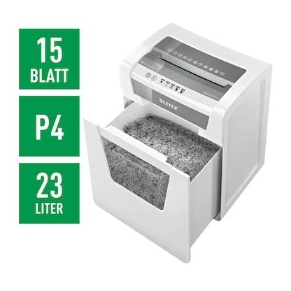 Artikelbild 10 für LEITZ IQ Office Aktenvernichter mit Partikelschnitt P-4, 4 x 40 mm, bis 15 Blatt, weiß, Artikelnummer 634555