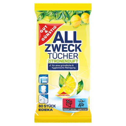 Artikelbild für GUT&GÜNSTIG feuchte Allzweck-Reinigungstücher ZITRONENDUFT 1-lagig weiß, 80 Tücher, Artikelnummer 989660