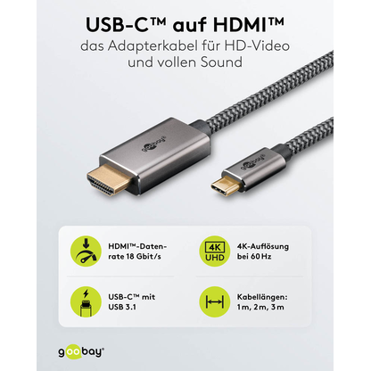 Artikelbild 2 für goobay USB 3.1 C-Stecker/HDMI-Stecker Kabel 1,0 m silber, schwarz, 1 St., Artikelnummer 557896