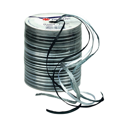 Artikelbild für PRÄSENT Geschenkband Raffia glänzend schwarz/grau/silber 3,0 mm x 50,0 m, Artikelnummer 135160