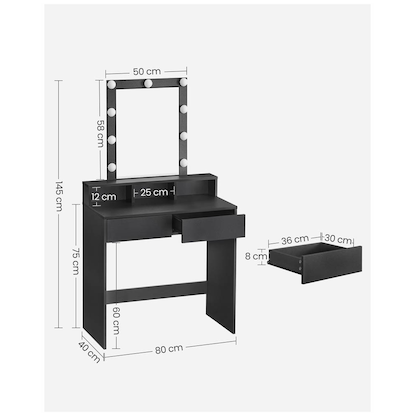 Artikelbild 2 für VASAGLE Schminktisch rechteckig Melamin, Spanplatte schwarz 80,0 x 40,0 x 145,0 cm, 1 St., Artikelnummer 438687