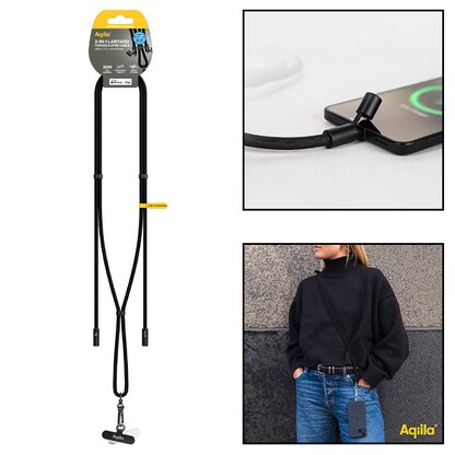 Artikelbild für Aqiila® LANYARD Handykette Ladekabel schwarz, Kabellänge: 0,3 - 1,5 m, 30 Watt, Artikelnummer 739864