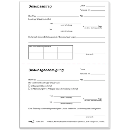 Artikelbild 2 für RNK-Verlag Urlaubsantrag Formularbuch 2915, 1 Block, Artikelnummer 620676