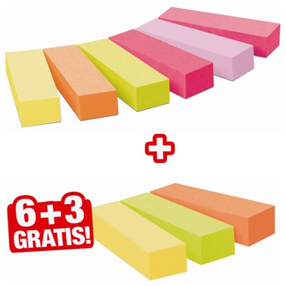 Artikelbild für 6 + 3 GRATIS: Post-it® Page Marker neon Haftmarker farbsortiert 6x 100 Streifen + GRATIS 3x 100 Streifen, Artikelnummer 252635