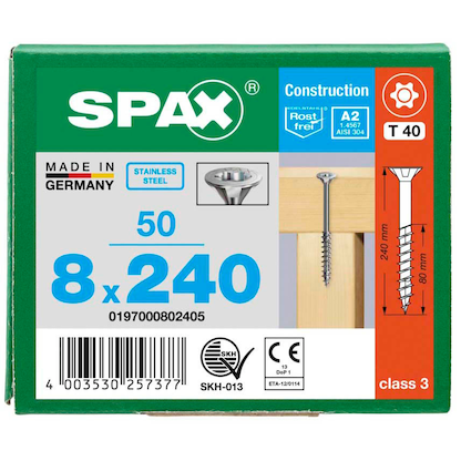 Artikelbild 7 für SPAX® Universalschrauben T40 Senkkopf Edelstahl A2 0197000802405 8 mm x 240 mm, 50 St., Artikelnummer 397558