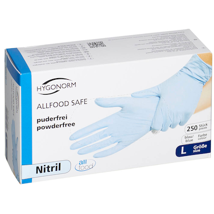 Artikelbild für HYGONORM unisex Einmalhandschuhe ALLFOOD SAFE blau Größe L, 250 St., Artikelnummer 588236