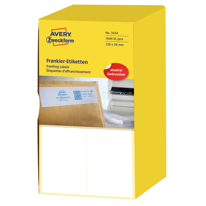 Artikelbild für AVERY Zweckform Frankieretiketten 3434 weiß 128,0 x 38,0 mm, 1.000 Etiketten , Artikelnummer 647289