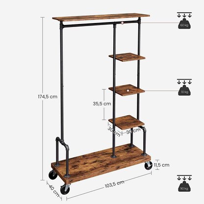 Artikelbild 4 für VASAGLE Rollgarderobe braun Holz 103,5 x 174,5 cm, Artikelnummer 289419