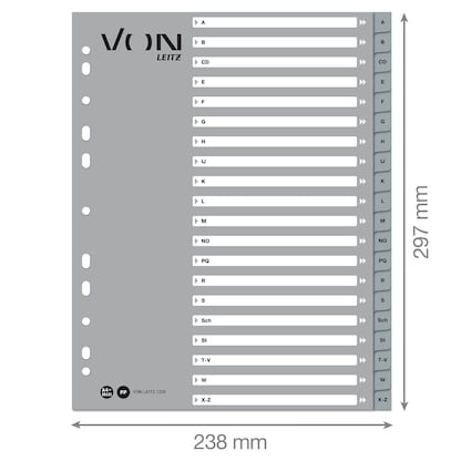 Artikelbild 2 für VON LEITZ Register DIN A4 Überbreite A-Z grau-weiß 20-teilig, 1 Satz, Artikelnummer 635837
