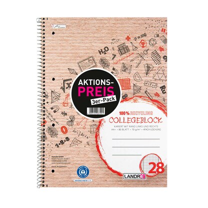 Artikelbild 2 für LANDRÉ® Collegeblöcke Recycling kariert DIN A4 Innen- und Außenrand, 3 St., Artikelnummer 298648