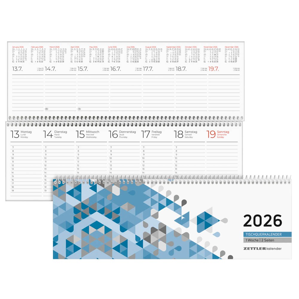 Zettler Tisch-Querkalender Profi Blau 2026 – Wochenkalender 30 × 11 Cm, 1 Woche/2 Seiten, Mit Notizblatt & Jahresübersicht, Zeiteinteilung 8–21 Uhr, Monatsregister, Ringbindung, FSC-zertifiziert