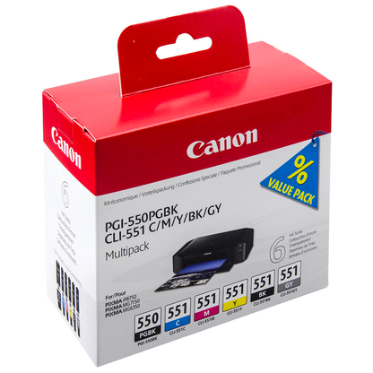 Artikelbild 2 für Canon PGI-550 PGBK + CLI-551 BK/C/M/Y/GY 2x schwarz, cyan, magenta, gelb, grau Druckerpatronen, 6er-Set, Artikelnummer 170934