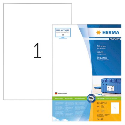 Artikelbild für HERMA Etiketten 4428 weiß 210,0 x 297,0 mm, 100 Blatt, Artikelnummer 529040