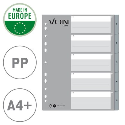 Artikelbild 4 für VON LEITZ Register DIN A4 Überbreite 1-5 grau-weiß 5-teilig, 1 Satz, Artikelnummer 635827