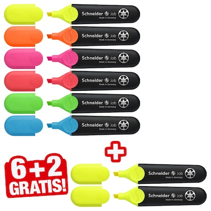 Artikelbild für 6 + 2 GRATIS: Schneider Job Textmarker farbsortiert, 6 St. + GRATIS 2 St., Artikelnummer 322079