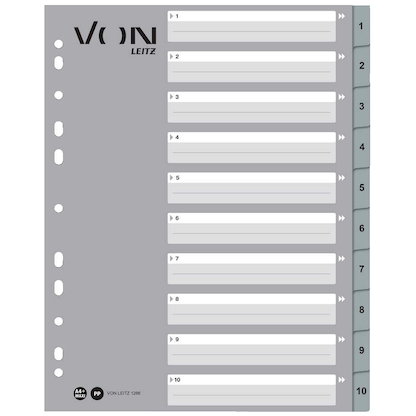 Artikelbild für VON LEITZ Register DIN A4 Überbreite 1-10 grau-weiß 10-teilig, 1 Satz, Artikelnummer 635799