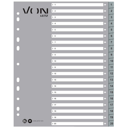 Artikelbild für VON LEITZ Register DIN A4 Überbreite 1-20 grau-weiß 20-teilig, 1 Satz, Artikelnummer 635858