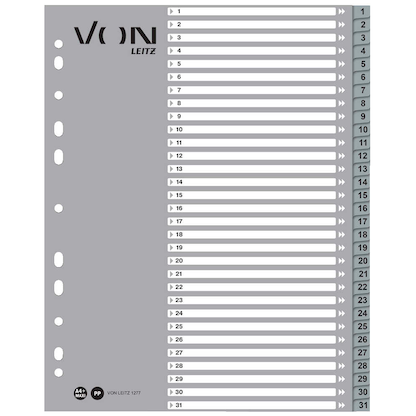 Artikelbild für VON LEITZ Register DIN A4 Überbreite 1-31 grau-weiß 31-teilig, 1 Satz, Artikelnummer 635886