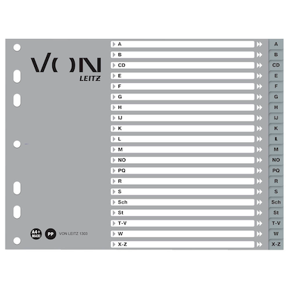 Artikelbild für VON LEITZ Register DIN A4 Halbformat A-Z grau-weiß 20-teilig, 1 Satz, Artikelnummer 636088