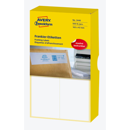 Artikelbild für AVERY Zweckform Frankieretiketten 3440 weiß 163,0 x 43,0 mm, 500 Etiketten , Artikelnummer 647313
