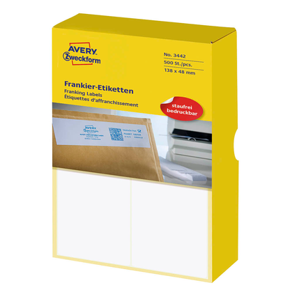 Artikelbild für AVERY Zweckform Frankieretiketten 3442 weiß 138,0 x 48,0 mm, 500 Etiketten , Artikelnummer 647271