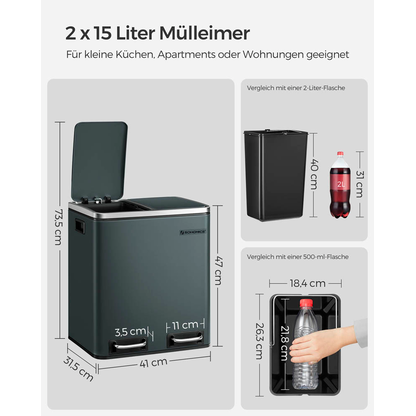 Artikelbild 4 für SONGMICS Mülltrenner 2x 15,0 l grüngrau, 1 St., Artikelnummer 438497