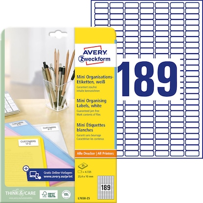 Artikelbild für AVERY Zweckform Etiketten L7658-25 weiß 25,4 x 10,0 mm, 25 Blatt, Artikelnummer 574335