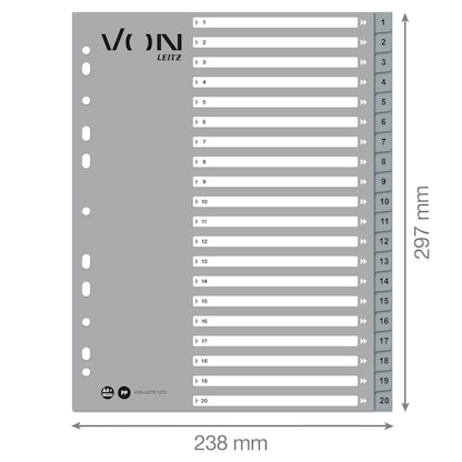 Artikelbild 2 für VON LEITZ Register DIN A4 Überbreite 1-20 grau-weiß 20-teilig, 1 Satz, Artikelnummer 635858