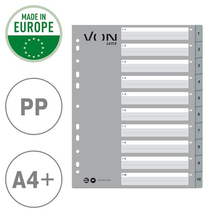 Artikelbild 3 für VON LEITZ Register DIN A4 Überbreite 1-10 grau-weiß 10-teilig, 1 Satz, Artikelnummer 635799