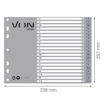 Artikelbild 2 für VON LEITZ Register DIN A4 Halbformat A-Z grau-weiß 20-teilig, 1 Satz, Artikelnummer 636088