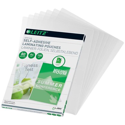 Artikelbild für LEITZ Laminierfolien glänzend für A4 80 micron selbstklebender Rücken, 100 St., Artikelnummer 394655
