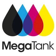 Symbolbild für Tintenpatronen, vier verschiedenfarbige Tropfen und der Markenname 