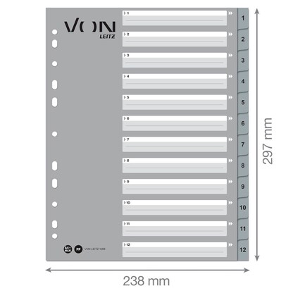 Artikelbild 2 für VON LEITZ Register DIN A4 Überbreite 1-12 grau-weiß 12-teilig, 1 Satz, Artikelnummer 635819