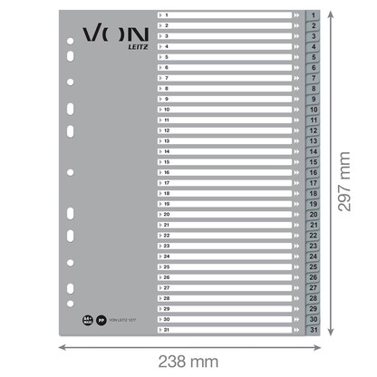 Artikelbild 2 für VON LEITZ Register DIN A4 Überbreite 1-31 grau-weiß 31-teilig, 1 Satz, Artikelnummer 635886