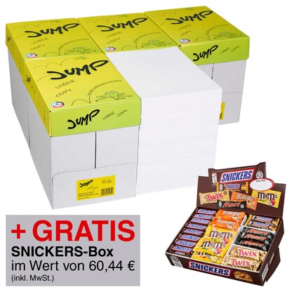 Artikelbild für AKTION: JUMP Kopierpapier COPY/LASER DIN A4 80 g/qm 5x 2.500 Blatt + GRATIS SNICKERS Topsellerbox 72 Stück, Artikelnummer 719276