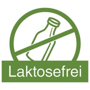 Symbol für Laktosefrei: Flasche durchgestrichen, darunter grüner Schriftzug 