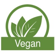 Symbol für vegane Produkte: drei grüne Blätter in einem Kreis, darunter Schriftzug „Vegan“.