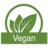 Symbol für vegane Produkte: drei grüne Blätter in einem Kreis, darunter Schriftzug „Vegan“.