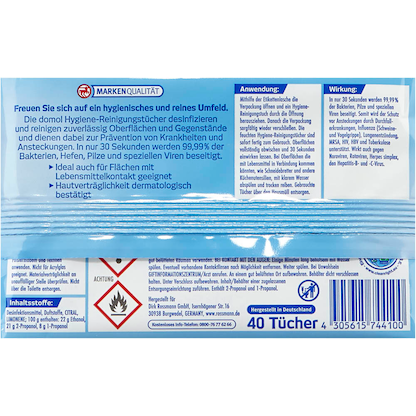 Artikelbild 4 für domol Desinfektionstücher 1-lagig weiß, 40 Tücher, Artikelnummer 213667