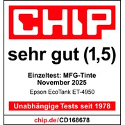 CHIP-Testlogo: Der Epson EcoTank ET-4950 erhält im Einzeltest für Tinten-Multifunktionsdrucker im November 2025 die Note „Sehr gut“ (1,5). Mit Hinweis auf unabhängige Tests seit 1978 und der Webadresse chip.de/CD168678.