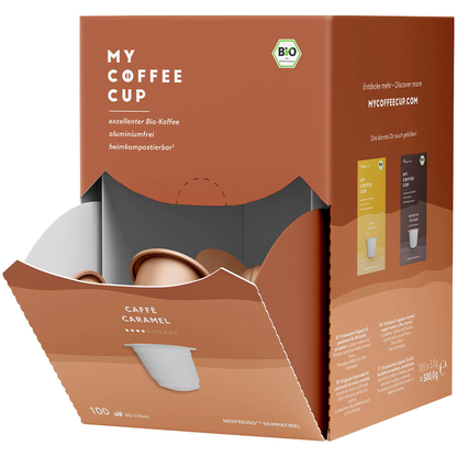 Artikelbild für MY COFFEE CUP CARAMEL Bio-Kaffeekapseln, Arabica- und Robustabohnen 100 Stück, Artikelnummer 672229