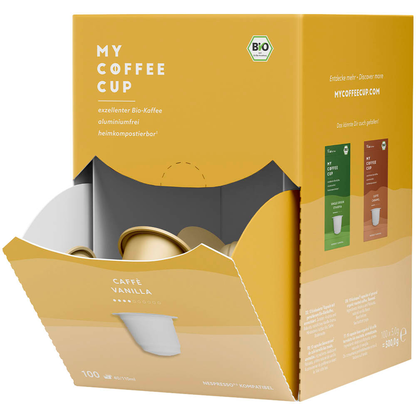 Artikelbild für MY COFFEE CUP VANILLA Bio-Kaffeekapseln, Arabica- und Robustabohnen 100 Stück, Artikelnummer 672259