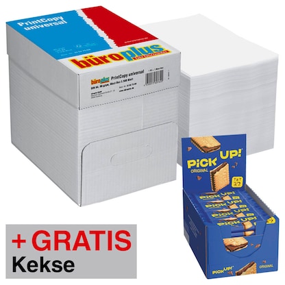 Artikelbild für AKTION: büroplus Kopierpapier PrintCopy universal DIN A4 80 g/qm 2x 2.500 Blatt + GRATIS PICK UP! ORIGINAL Kekse 24x 28,0 g, Artikelnummer 616148