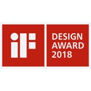 Rotes Logo mit der Aufschrift „iF Design Award 2018“, welches einen internationalen Designpreis darstellt.