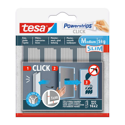 Artikelbild für tesa Powerstrips Click MEDIUM Slim Klett-Klebestreifen für max. 5,0 kg, 1,0 x 8,0 cm, 16 St., Artikelnummer 822769