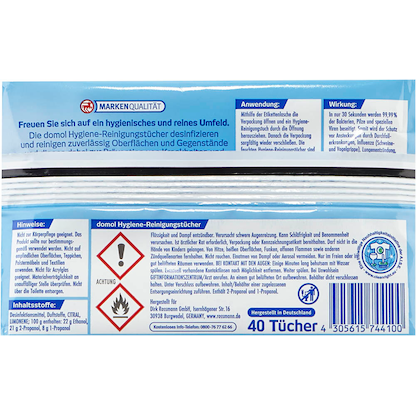 Artikelbild 5 für domol Desinfektionstücher 1-lagig weiß, 40 Tücher, Artikelnummer 213667