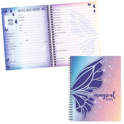 Artikelbild für BRUNNEN Freundebuch Magic Butterfly ca. DIN A5 liniert, lila/roa Hardcover 80 Seiten, 1 St., Artikelnummer 264269