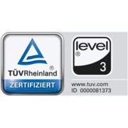 TÜV Rheinland Zertifikat Level 3, grau-blaue Label mit Prüfnummer und Internetadresse.